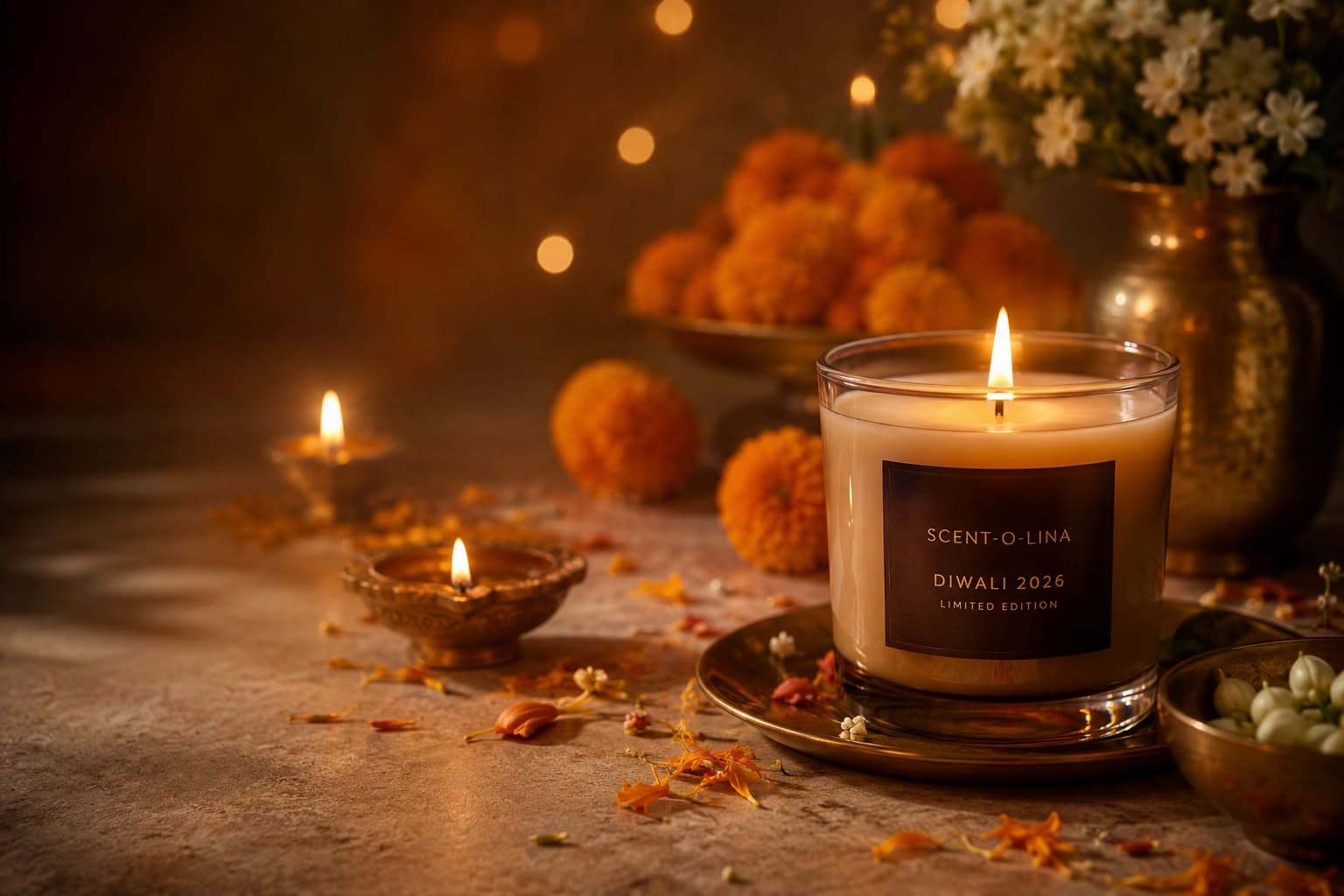 A warm candle glowing among marigolds, jasmine and brass lamps