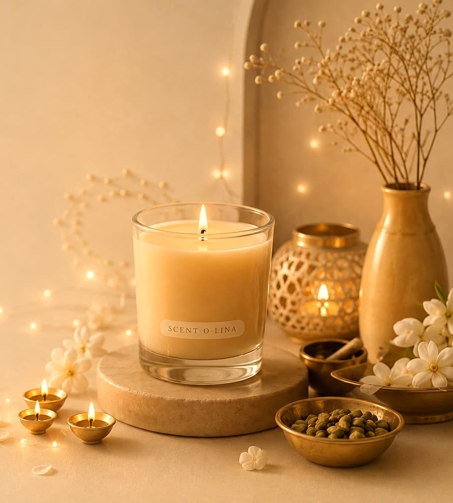A Scentolina candle glowing beside jasmine, cardamom and brass lamps