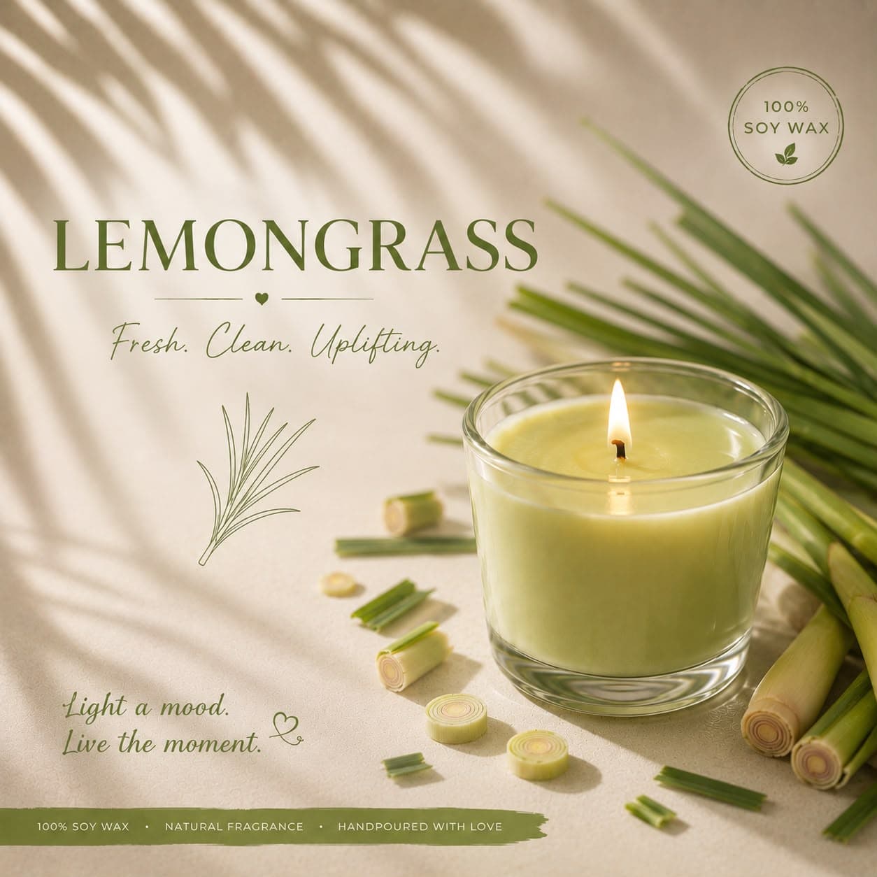 A green candle beside tea, eucalyptus and smooth stones