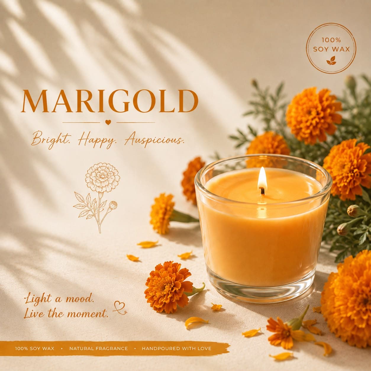 A golden marigold candle in warm afternoon light